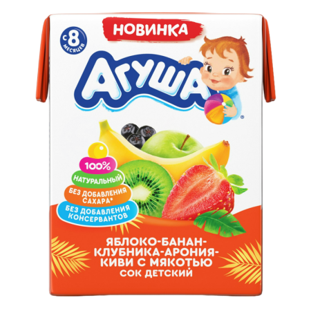 Сок Агуша яблоко/банан/клубника/арония/киви с Мякотью 8мес+ 200мл Tba