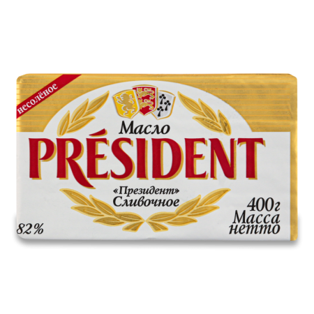 Масло 82% Кислосливочное Несолёное President м/у 400г