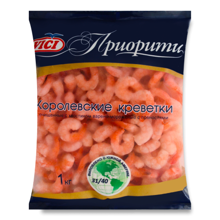 Креветки Очищенные с Хвостиком варено-мороженные с Пряностями 31/40 Королевские Приорити Vici м/у 1кг