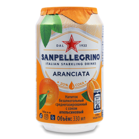 Напиток Безалкогольный Среднегазированный с Соком Апельсиновый Aranciata San Pellegrino ж/б 330мл