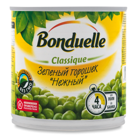 Горошек Зеленый Консервированный Стерилизованный Нежный Bonduelle ж/б 400г