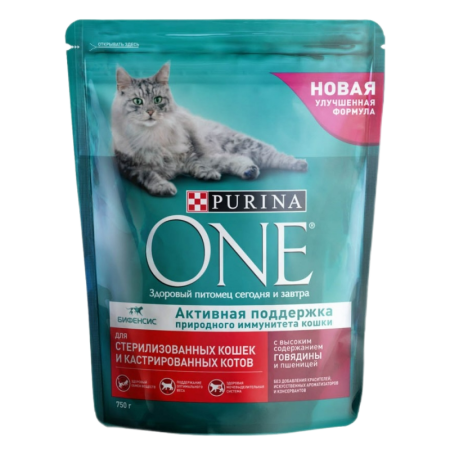 Корм Purina One Сухой д/стерилиз Кошек и Кастрирован Котов Говядина с Пшеницей 750гр стаб/б