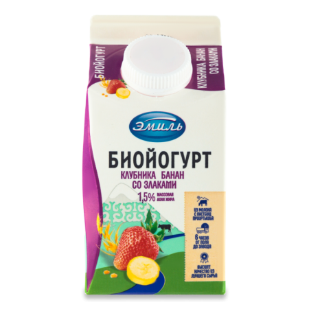 Биойогурт 1.5% клубника-банан-злаки Эмиль т/п 500г