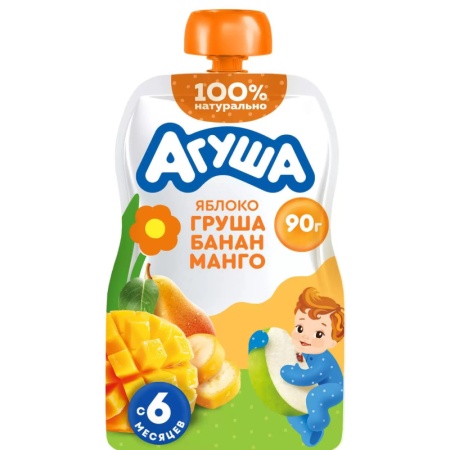 Пюре Фруктовое Агуша 6мес ябл/груш/бан/манг 90гр д/п