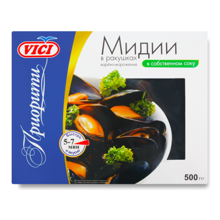 Мидии в Ракушках в Собственном Соку Приорити Vici в/м к/у 500г