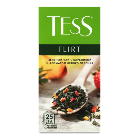 Чай Зеленый Байховый с Ароматом Белого Персика и Клубники и Растительными Компонентами Flirt Tess к/у 25х1.5г Чай Зеленый Байховый с Ароматом Белого Персика и Клубники и Растительными Компонентами Flirt Tess к/у 25х1.5г