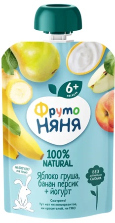 Пюре Фрутоняня яблоко/банан/груша/персик с Йогуртом +6м 90гр д/п