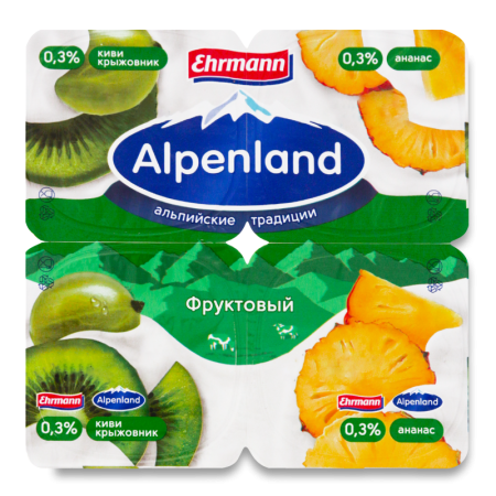 Продукт Йогуртный 0.3% Пастеризованный киви-крыжовник+ананас Фруктовый Alpenland Ehrmann ст 4х95г