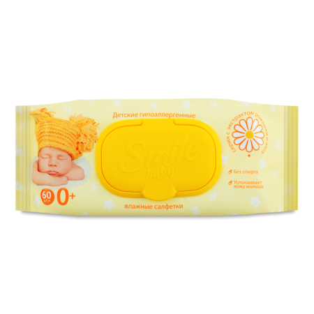 Салфетки Влажные Гипоаллергенные с Экстрактом Ромашки и Алоэ с Витаминным Комплексом Smile Baby 60шт