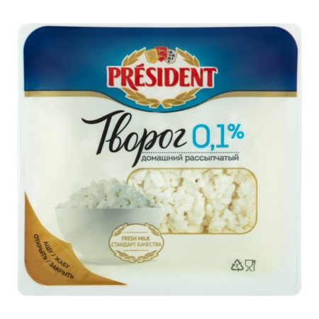 Творог 0.1% Домашний Рассыпчатый President п/у 200г
