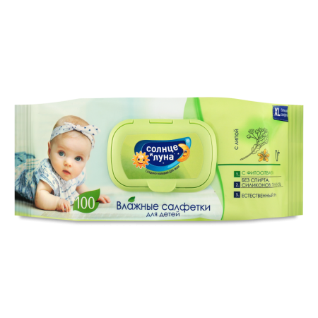 Салфетки Влажные Для Детей с Фитоотваром Липы Солнце и Луна 100шт Салфетки Влажные Для Детей с Фитоотваром Липы Солнце и Луна 100шт