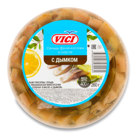 Сельдь филе-кусочки Соленая в Масле с Дымком Vici п/у 400г Сельдь филе-кусочки Соленая в Масле с Дымком Vici п/у 400г