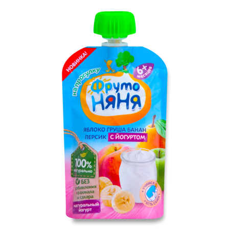 Пюре Фрутоняня яблоко/банан/груша/персик с Йогуртом +6м 90гр д/п