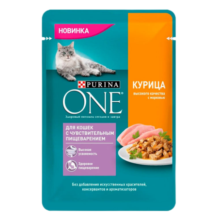 Корм Purina One д/кошек с Чувств Пищеварением Курица с Морковью 75гр Саше