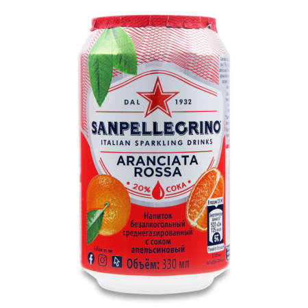 Напиток Безалкогольный Среднегазированный с Соком Апельсиновый Aranciata Rossa San Pellegrino ж/б 330мл
