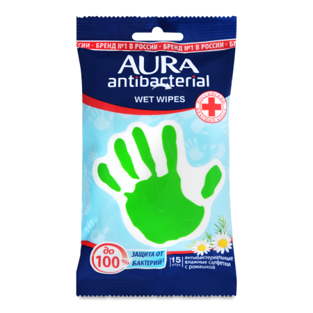 Салфетки Влажные Антибактериальные Aura 15шт