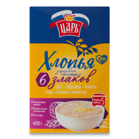 Хлопья Зерновые Экстра 6 Злаков овёс-пшеница-ячмень-рожь-гречиха-кукуруза Царь к/у 400г Хлопья Зерновые Экстра 6 Злаков овёс-пшеница-ячмень-рожь-гречиха-кукуруза Царь к/у 400г