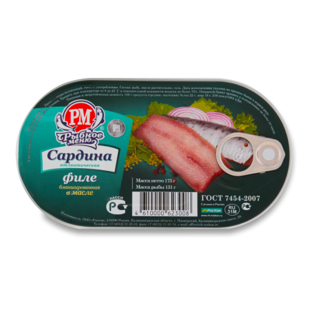 Сардина Рыбное Меню Филе в/м Атлантическая 175гр ж/б