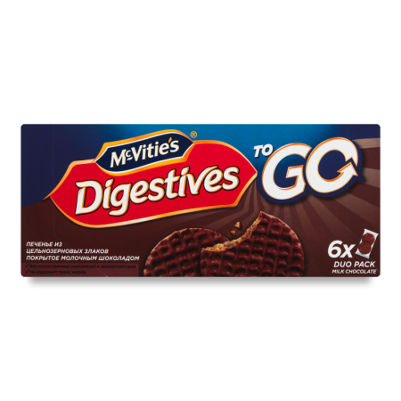 Печенье из Цельнозерновых Злаков Покрытое Молочным Шоколадом Digestives to go mcvitie`s к/у 6х33.3г