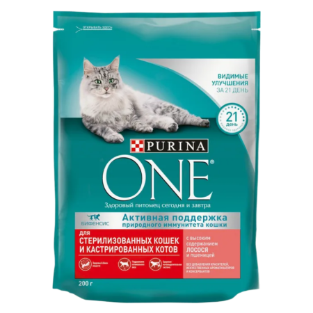 Корм Purina One д/стерилизованных Кошек лосось/пшеница 200гр стаб/б
