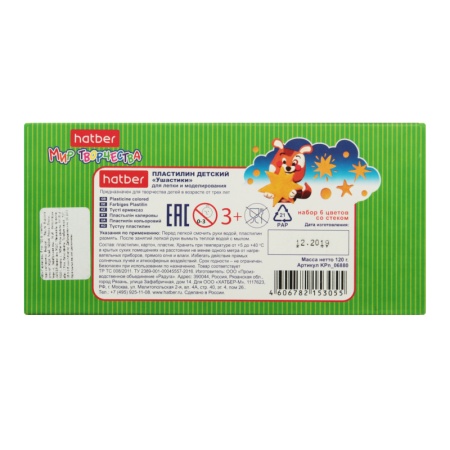 Пластилин Для Детей от 3лет 6 Цветов Ушастики Hatber 120г
