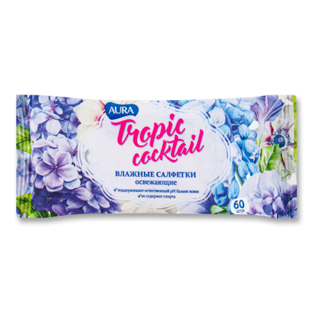 Салфетки Aura Tropic Cocktail Антибактериальные Влажные 60шт