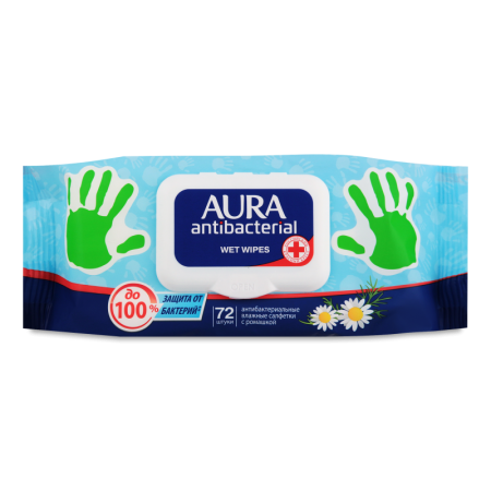 Салфетки Влажные Антибактериальные с Ромашкой Aura 72шт