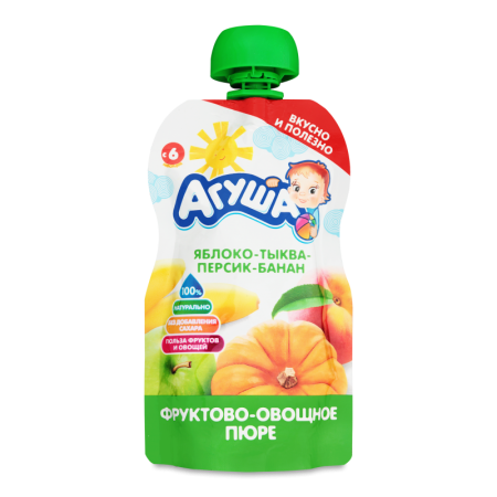 Пюре Для Детей от 6мес фруктово-овощное яблоко-тыква-персик-банан Агуша д/п 90г
