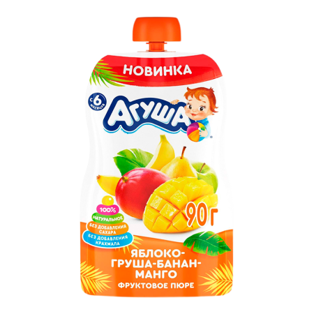Пюре Фруктовое Агуша 6мес ябл/груш/бан/манг 90гр д/п