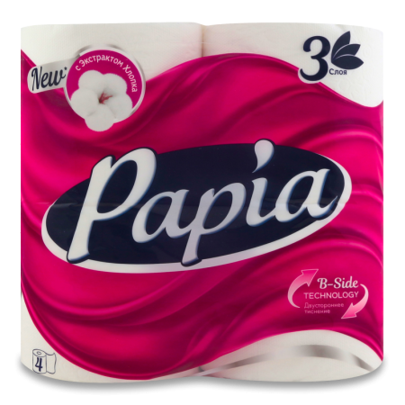 Бумага Туалетная Трехслойная Белая Papia 4шт
