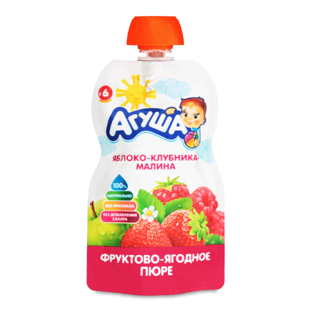 Пюре Для Детей от 6мес фруктово-ягодное яблоко-клубника-малина Агуша д/п 90г