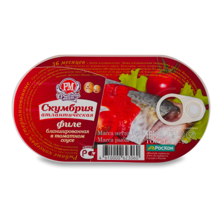 Скумбрия Атлантическая Филе Бланшированная в Томатном Соусе Рыбное Меню ж/б 175г