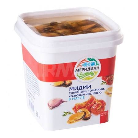 Мидии Меридиан Вяленый томат/чеснок/зелень в Масле 270гр Конт