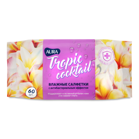 Салфетки Влажные с Антибактериальным Эффектом Tropic Сocktail Aura 60шт Салфетки Влажные с Антибактериальным Эффектом Tropic Сocktail Aura 60шт