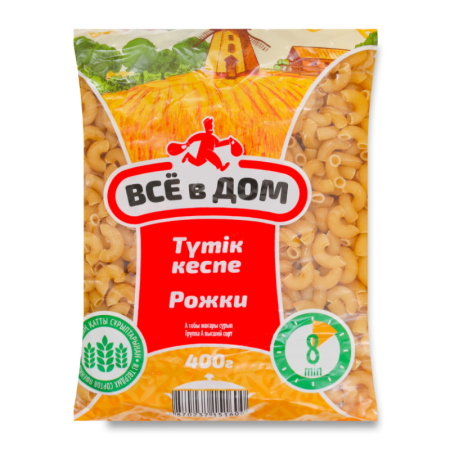 Изделия Макаронные из Твердых Сортов Пшеницы Рожки Всё в Дом м/у 400г