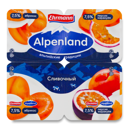 Продукт Йогуртный 7.5% Пастеризованный абрикос+персик-маракуйя Сливочный Alpenland Ehrmann ст 4х95г Продукт Йогуртный 7.5% Пастеризованный абрикос+персик-маракуйя Сливочный Alpenland Ehrmann ст 4х95г