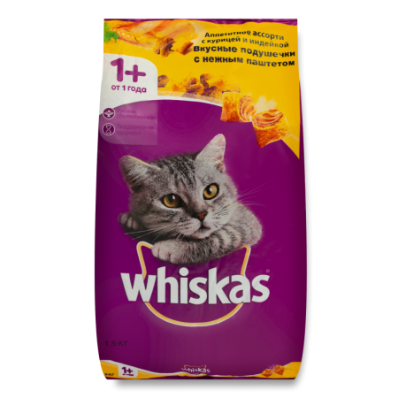 Корм Сухой Для Кошек от 1года Вкусные Подушечки с Нежным Паштетом Аппетитное Ассорти с Курицей и Индейкой Whiskas м/у 1.9кг