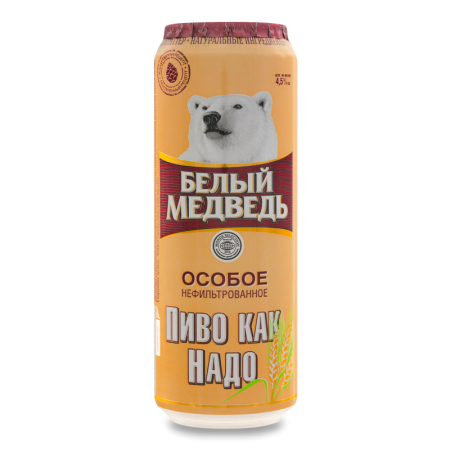 Пиво 0.45л 4.5% Светлое Пастеризованное Нефильтрованное Особое Белый Медведь ж/б