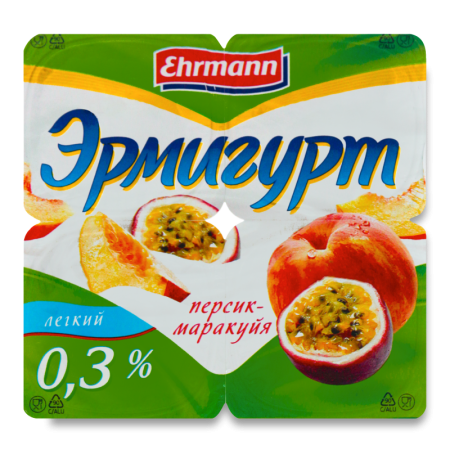 Продукт Йогуртный 0.3% Пастеризованный персик-маракуйя Легкий Эрмигурт Ehrmann ст 4х100г