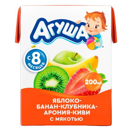 Сок Агуша яблоко/банан/клубника/арония/киви с Мякотью 8мес+ 200мл Tba