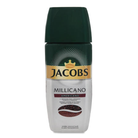 Кофе Натуральный Растворимый Сублимированный с Добавлением Кофе Натурального Жареного Молотого Americano Millicano Jacobs с/б 95г